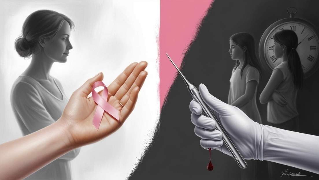Manos con cinta rosa y bisturí en claroscuro simbolizando la paradoja sanitaria entre cáncer de mama y mastectomías por género.